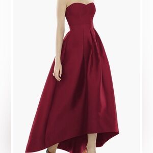 Strapless High/Low Ballgown. Burgundy color